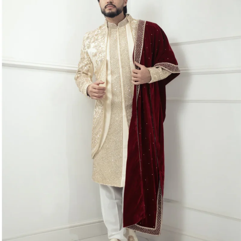 Regal Cream Embroidered Sherwani Set